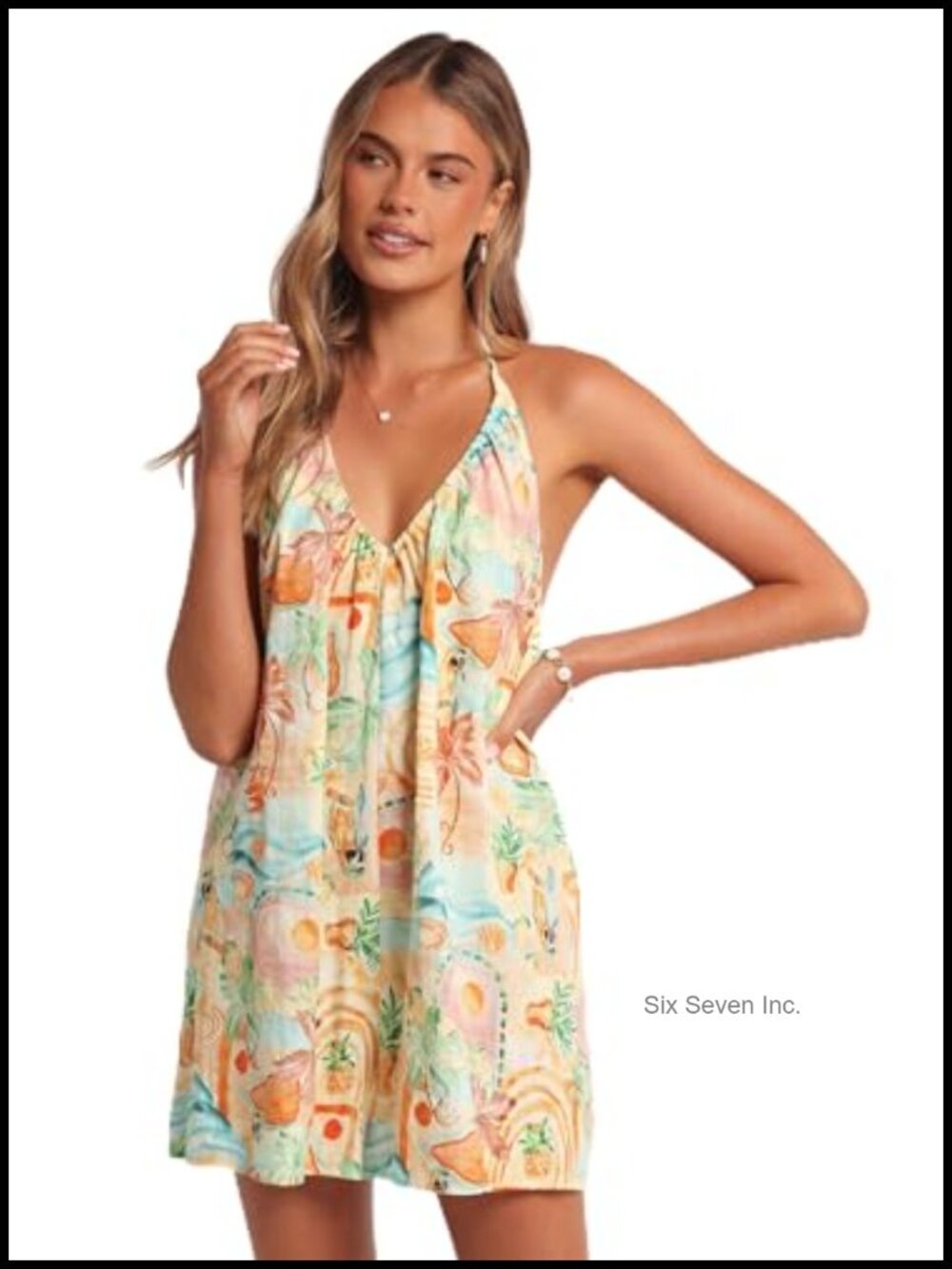 Women's Halter Neck Romper with Back Drawstring Tie - Relaxed Fit Vacation Print